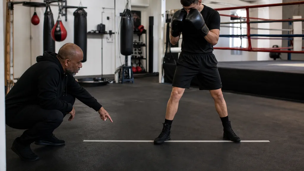 Two adult boxers practising a light jab cue and compact roll in a supervised technical partner drill