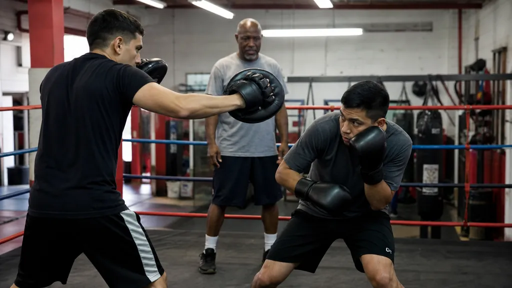 Two adult boxers rehearsing a slow non-contact jab-slip drill while a coach supervises