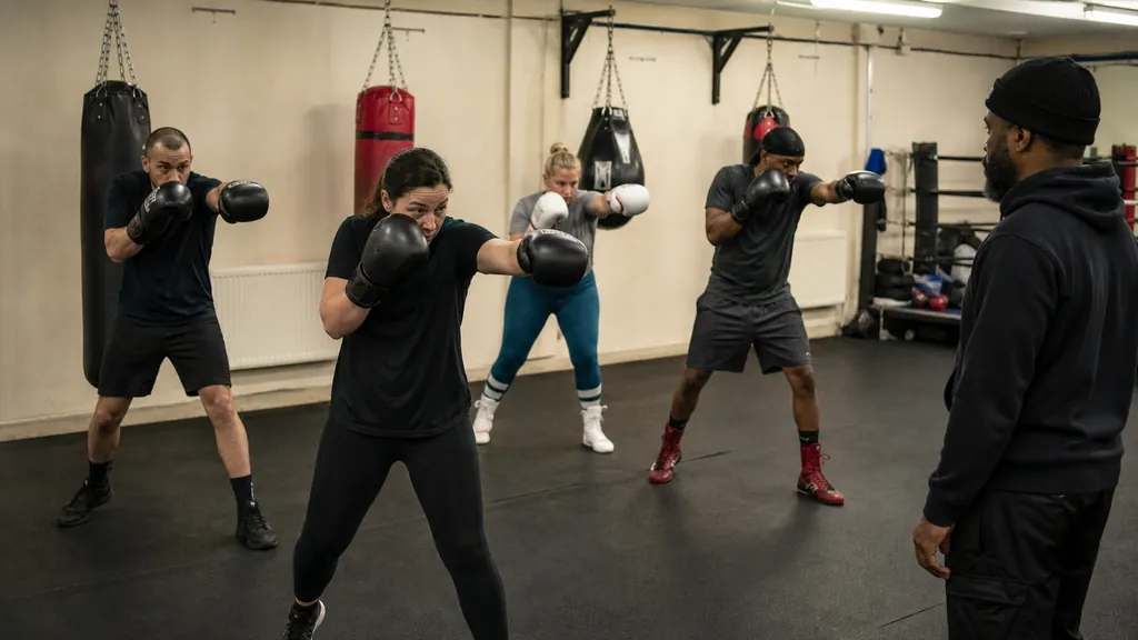 Adult boxing class practising controlled jab-and-guard-return shadow boxing under coach supervision