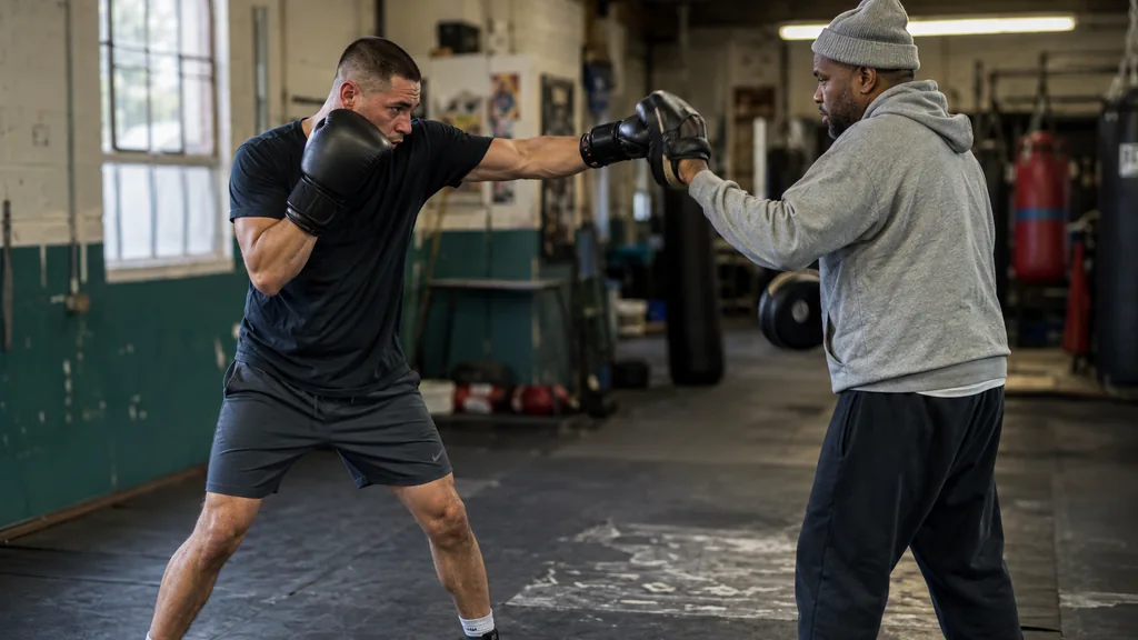 Adult boxer using a controlled jab step-across rear-hand focus-mitt drill with a coach in an unbranded community boxing gym