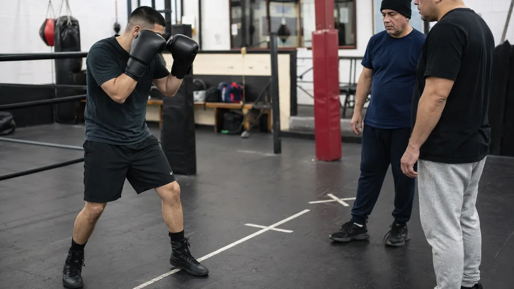 Anonymous adult boxer resetting in a balanced staggered stance after a footwork-angle drill while coaches observe in a community boxing gym