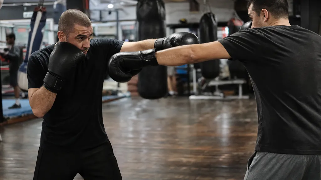 Adult boxer practising a jab-block habit while a coach watches in a community boxing gym