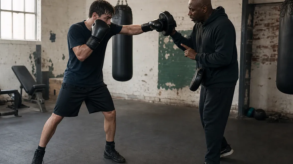 Coach correcting a beginner boxer during a slow jab-block pad drill