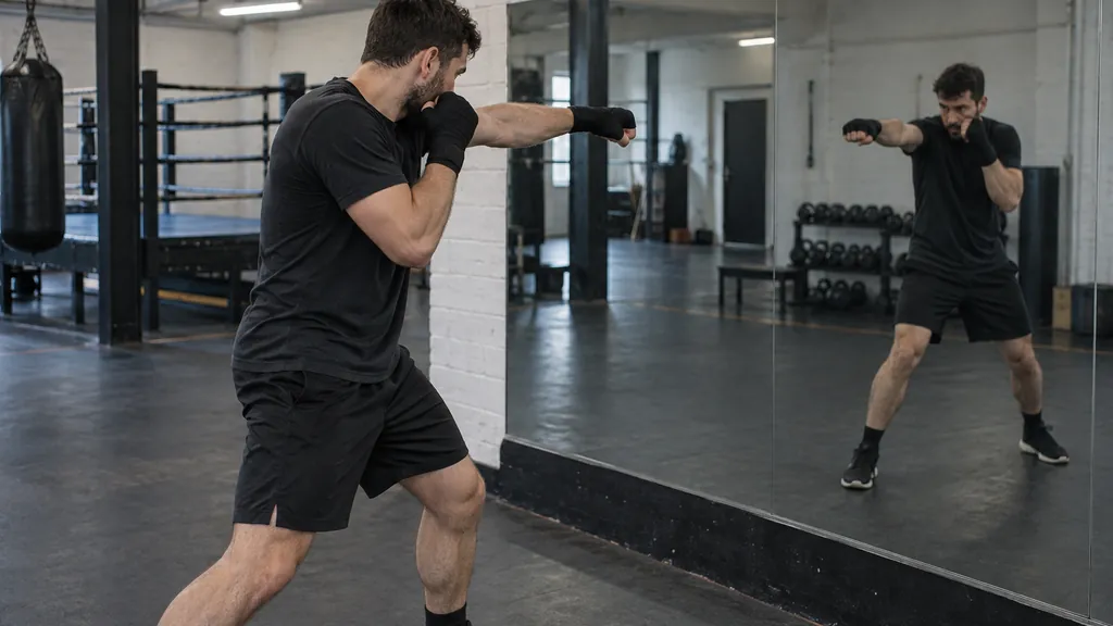 Adult recreational boxer checking a straight jab line in a mirror with the rear hand protecting the cheek in an anonymous community boxing gym