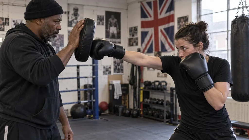 Adult boxer placing a controlled straight jab on a focus mitt while keeping the rear glove at the cheek in an anonymous community boxing gym
