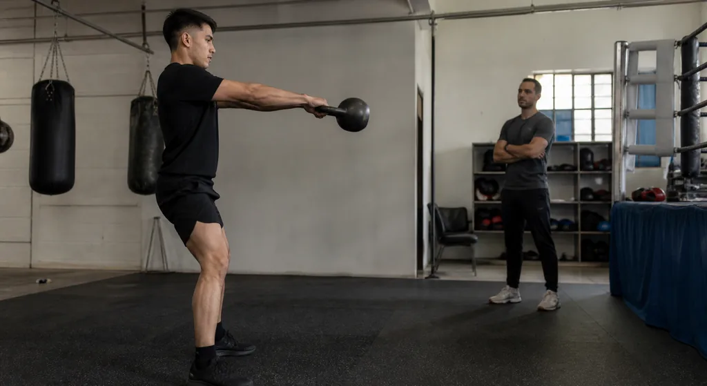 Adult recreational boxer practising a compact kettlebell swing with long arms and a level spine