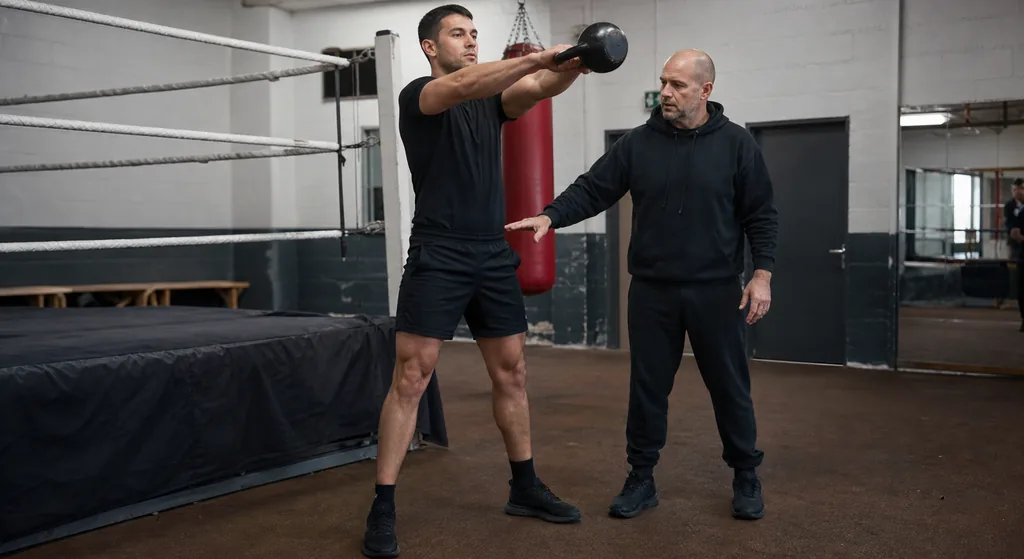 Coach checking an adult boxer's hip position at the top of a light kettlebell swing