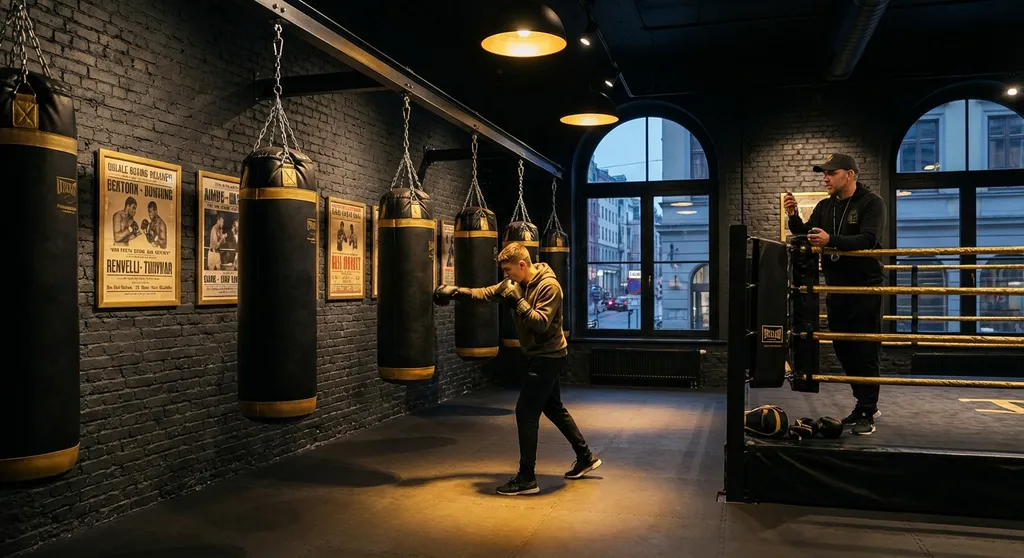 Young boxer training on a heavy bag in an editorial boxing gym scene