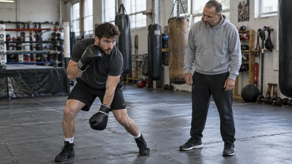 Coach checking that an adult boxer keeps both feet staggered and eyes forward during a slow knee-touch slip reference drill