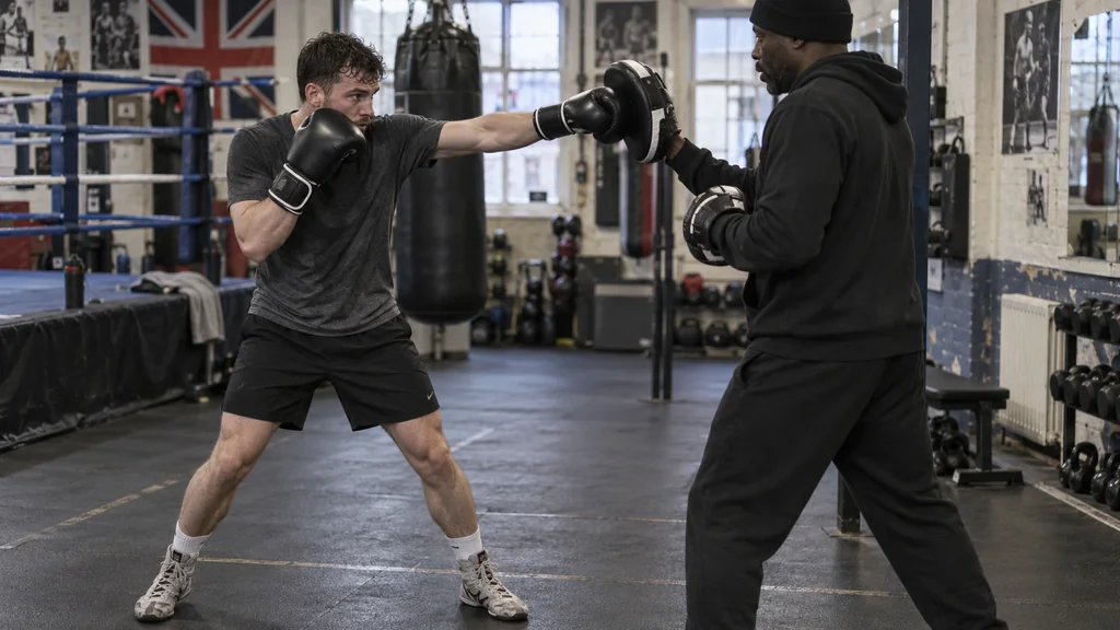 Adult recreational boxer returning both gloves to guard after a compact slip before touching a coach-held focus mitt with one controlled jab