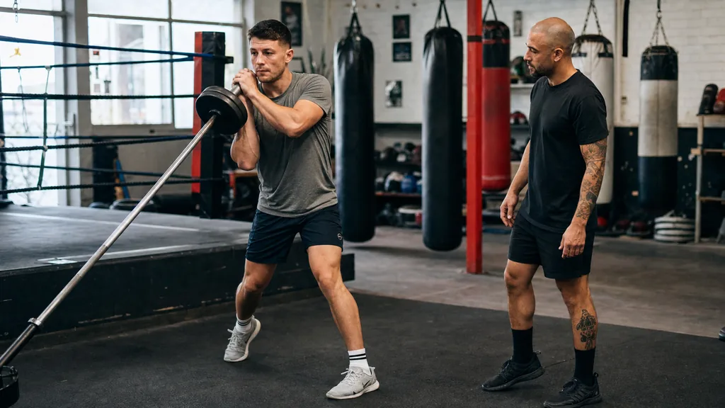 Adult boxer receiving a landmine bar under coach supervision in a controlled rotational drill
