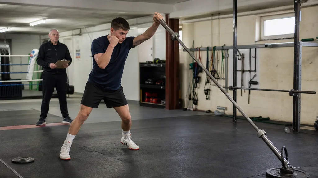 Adult boxer using a controlled one-arm landmine press while maintaining an organised guard