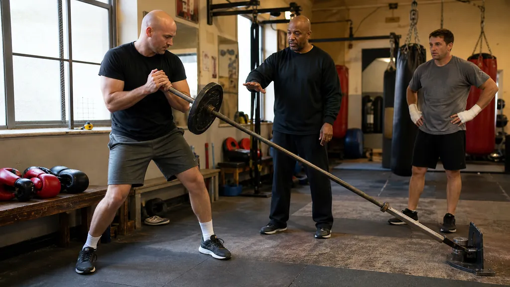 Adult boxer using a light landmine rotation while a coach checks foot position and a tall neutral posture