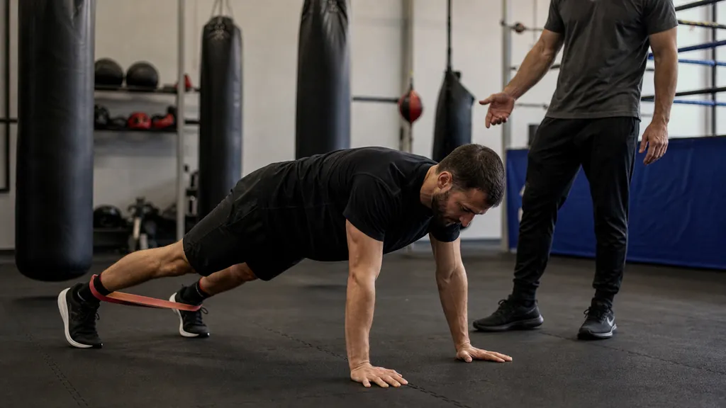 Adult boxer taking a controlled lateral plank step while a coach checks hip and shoulder position