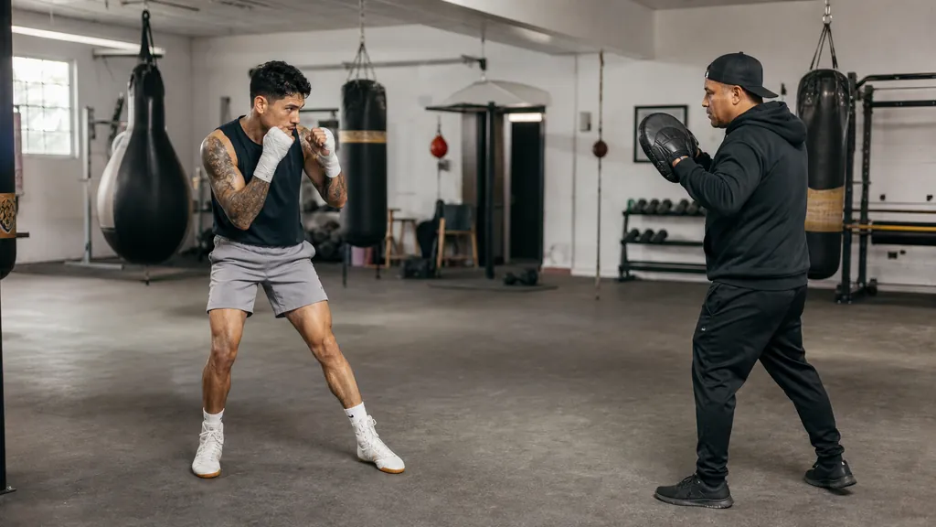 Side view of an adult boxer keeping shoulders over wrists during a lateral plank walk