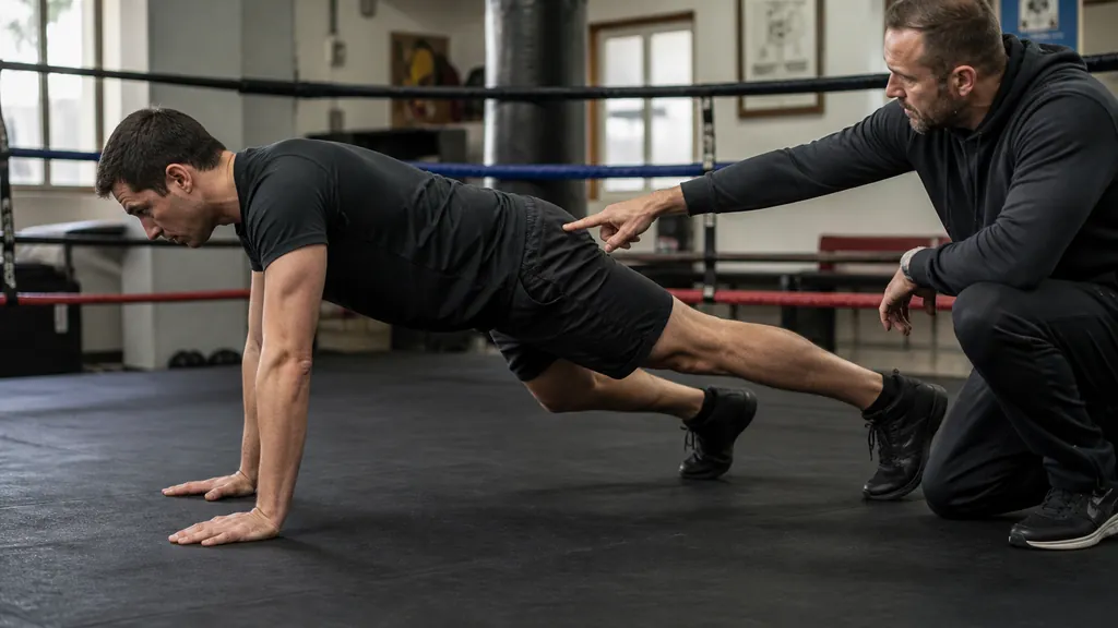 Adult boxer returning to a balanced guard while a coach prepares focus mitts after a floor drill