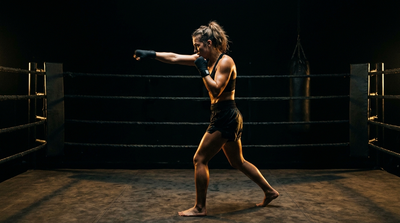 Lauren Price shadowboxing in a professional boxing gym, dramatic black and gold lighting