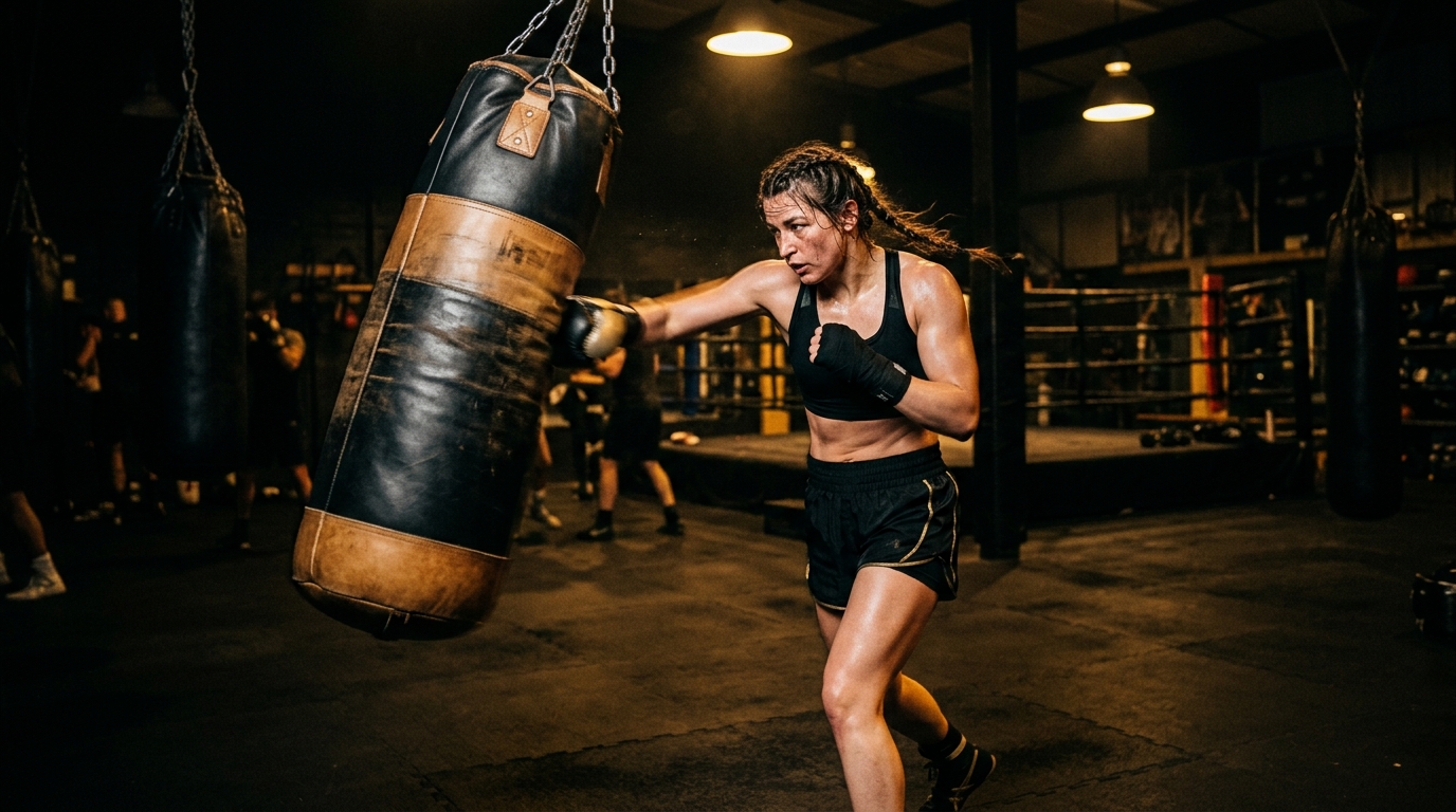 Female boxer training on the heavy bag in a dark boxing gym with gold accents and dramatic lighting