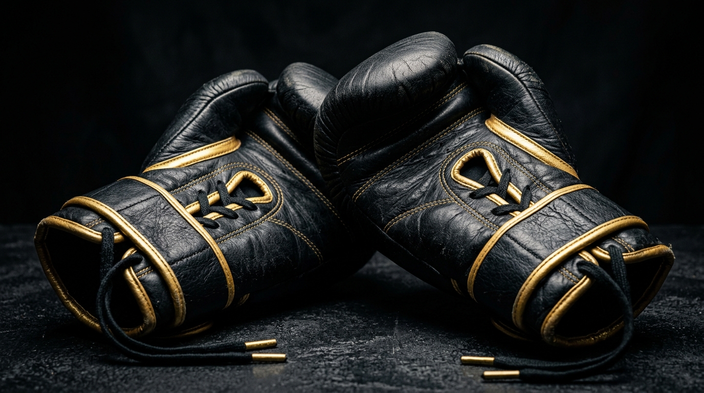 Close-up of boxing gloves in black and gold colours, detailed and realistic, gym background