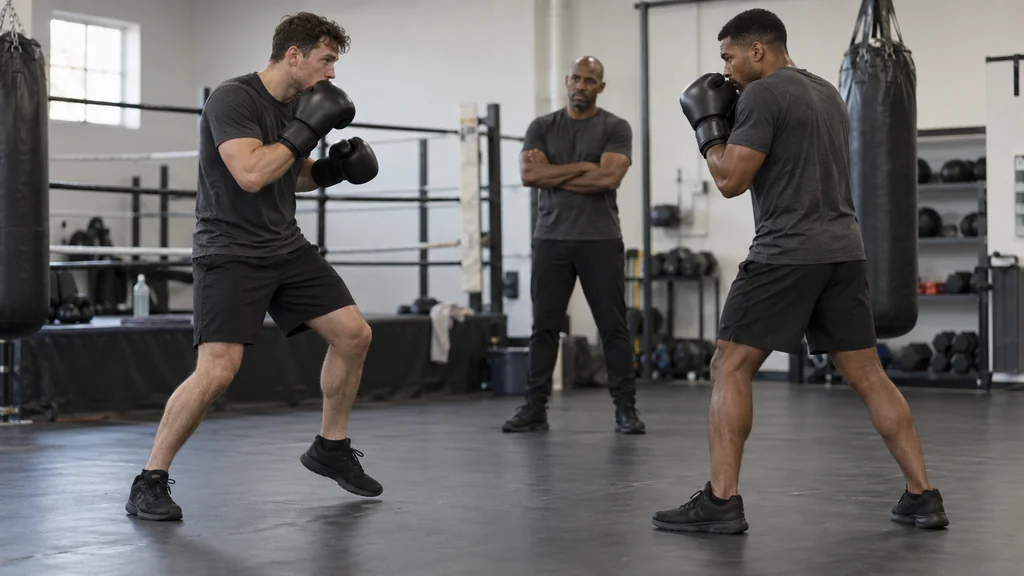 Two anonymous adult boxers holding balanced guards during a low-contact lead-foot-feint drill while a coach observes