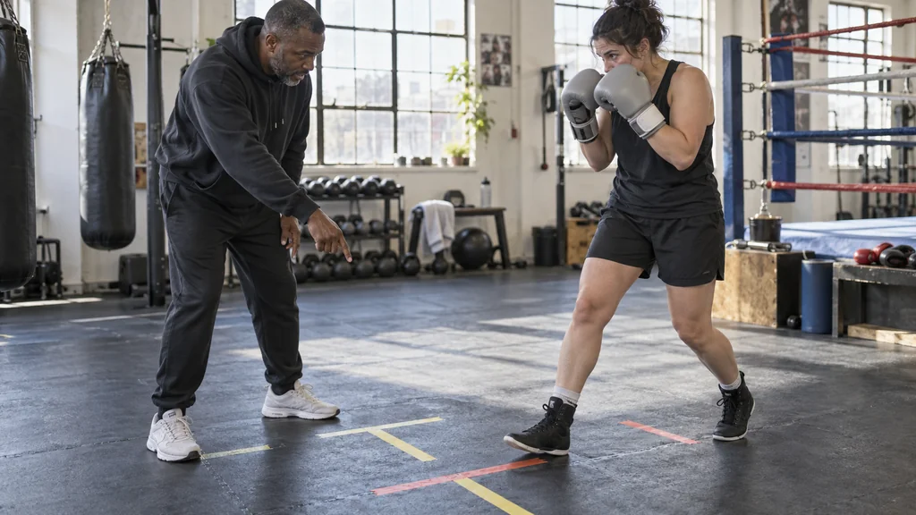 Coach pointing to simple floor markers while an adult boxer practises a small lead-foot feint without lunging