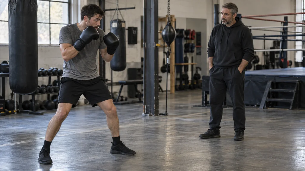 Adult boxer returning to a calm, balanced guard after a small lead-foot feint while a coach watches the reset