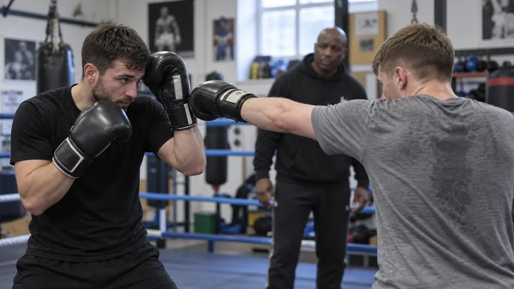 Adult boxer using a light lead-hand catcher mitt against a slow jab cue while keeping the rear glove close to the cheek in a community boxing gym