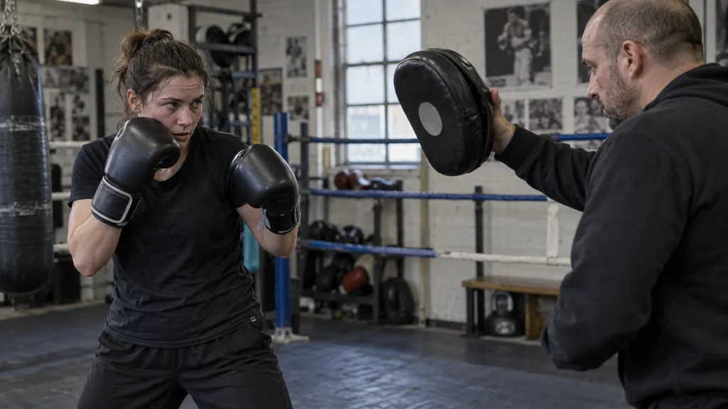 Adult recreational boxer returning the lead glove to guard after a controlled catcher-mitt jab defence while a coach presents a distant focus mitt