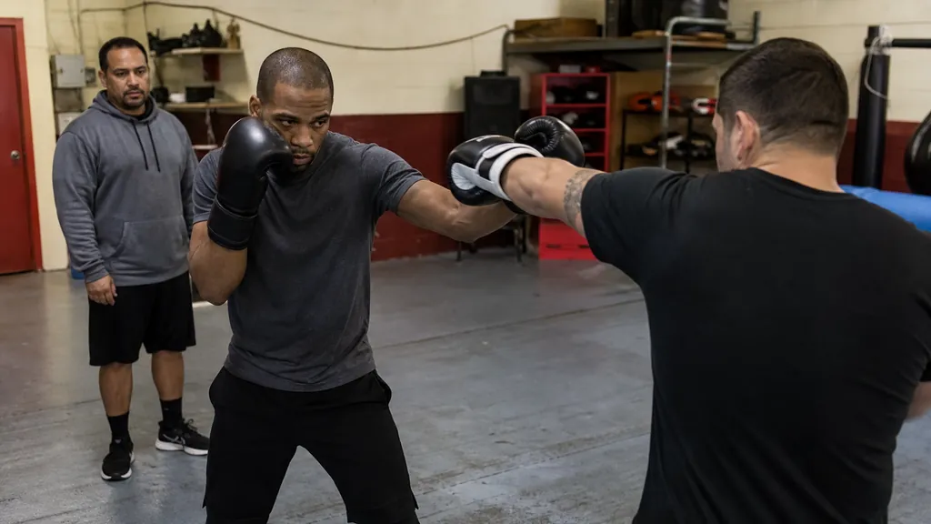 Two anonymous adult boxers using light lead-hand touches at controlled jab range in a community boxing gym