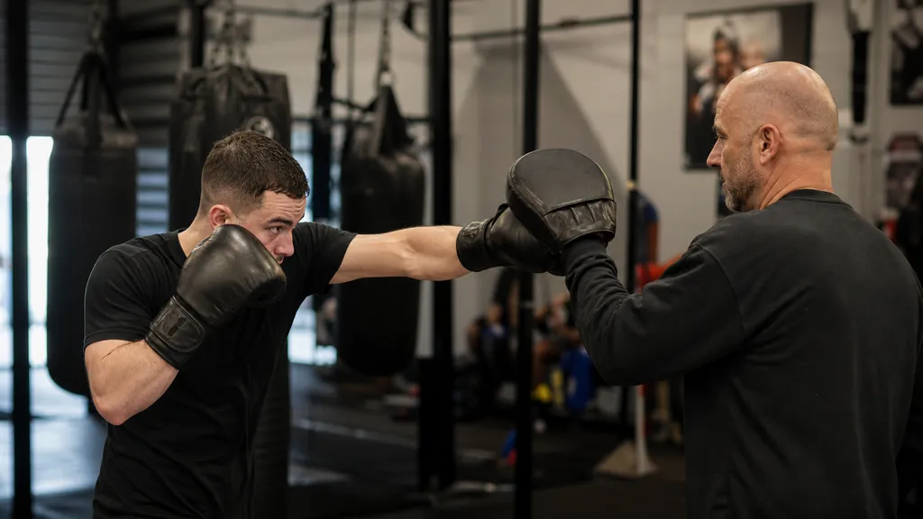 Coach supervising two adult boxers as one uses a compact parry and keeps the rear glove high during a technical partner drill