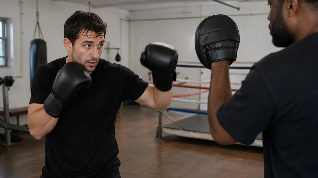 Adult recreational boxer returning to guard after a light lead-hand touch and single jab on focus mitts