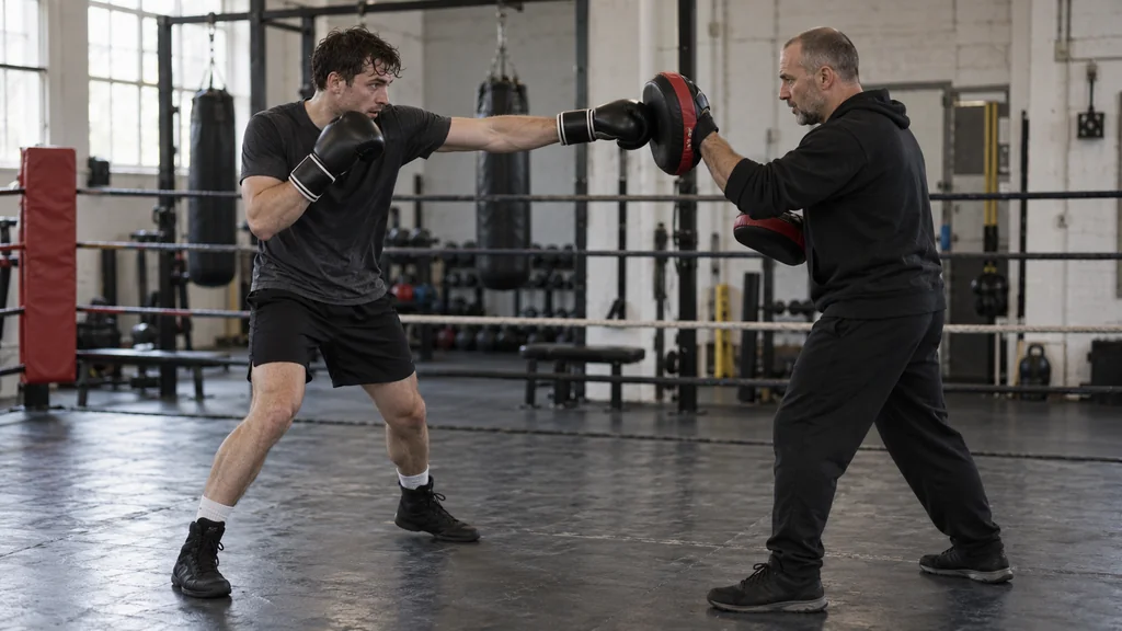 Adult boxer taking a small step with a jab to a coach-held mitt while keeping a staggered stance in a community boxing gym