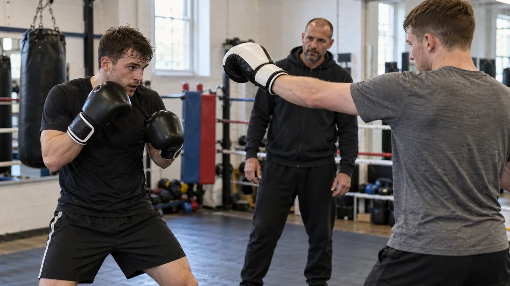 Two adult boxers completing a slow touch-only partner drill with a coach supervising a balanced reset