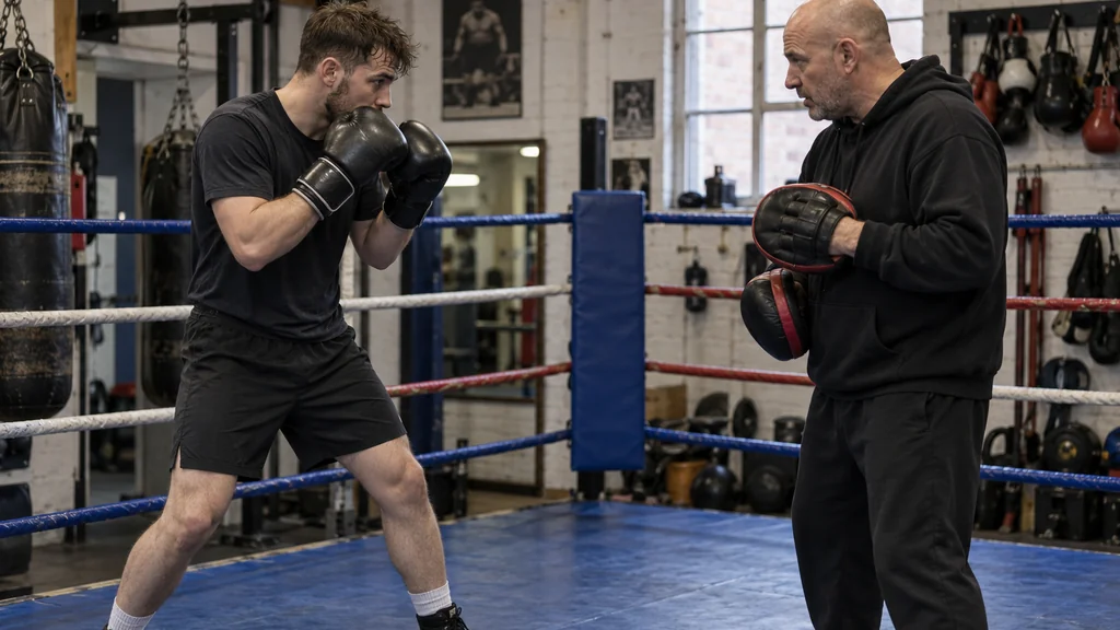 Adult boxer and coach paused in a balanced high guard after a controlled pad-work combination