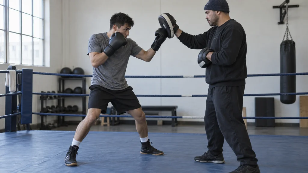 Adult recreational boxer and coach rehearsing a light close-range mitt drill with a balanced stance and guarded chin
