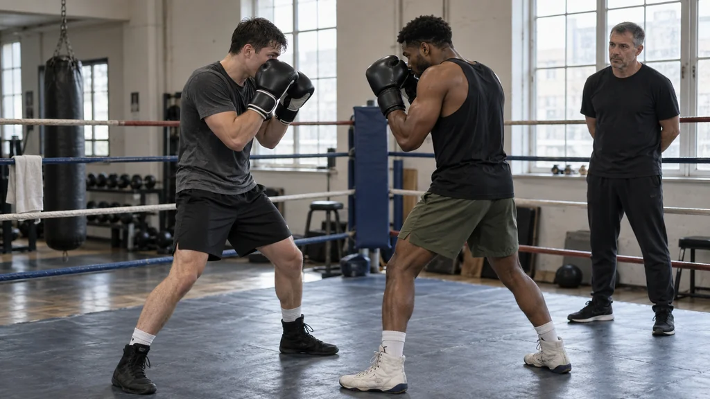 Adult boxer working a close focus-mitt drill with both gloves ready and feet settled in a plain community boxing gym