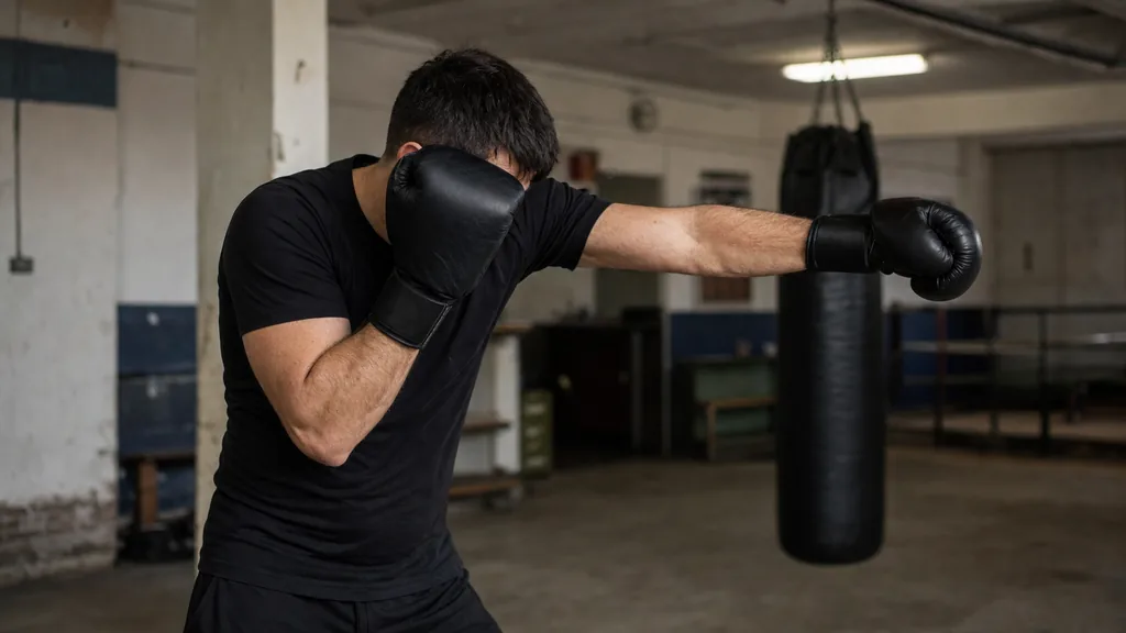 Adult boxer practising a straight punch with a compact guard beside a heavy bag