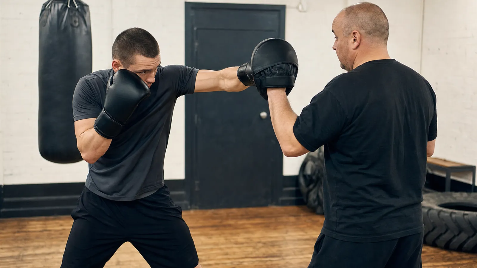 Adult boxer working a controlled straight punch on focus mitts with the opposite glove protecting the cheek