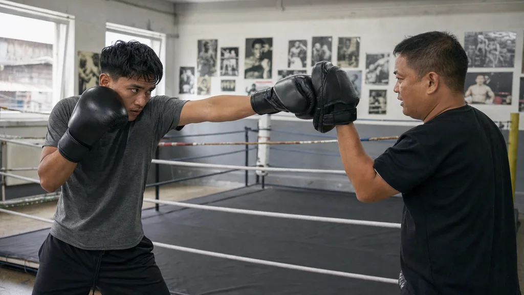 Adult boxer practising a long lead hook on focus mitts while a coach watches the guard position