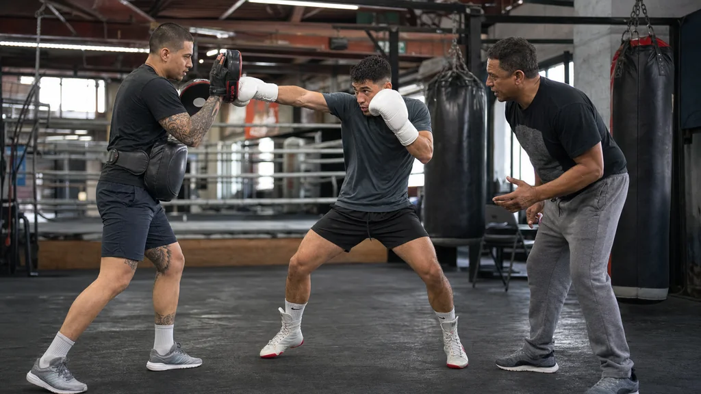Two adult recreational boxers drilling jab feint, long left hook and right hand on pads under coach supervision