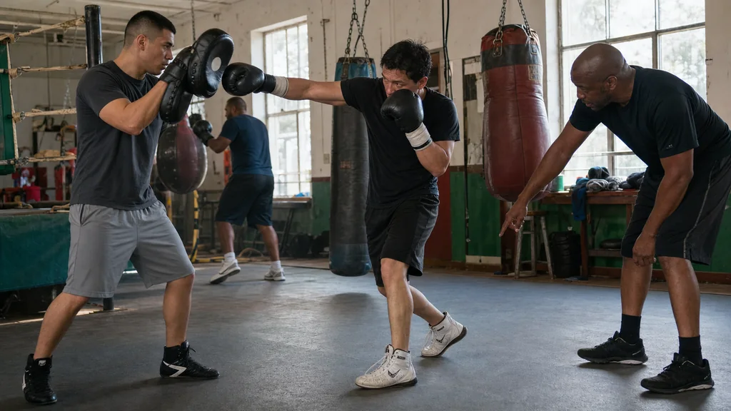 Small adult group in a boxing gym resetting after a right hand setup drill on focus mitts