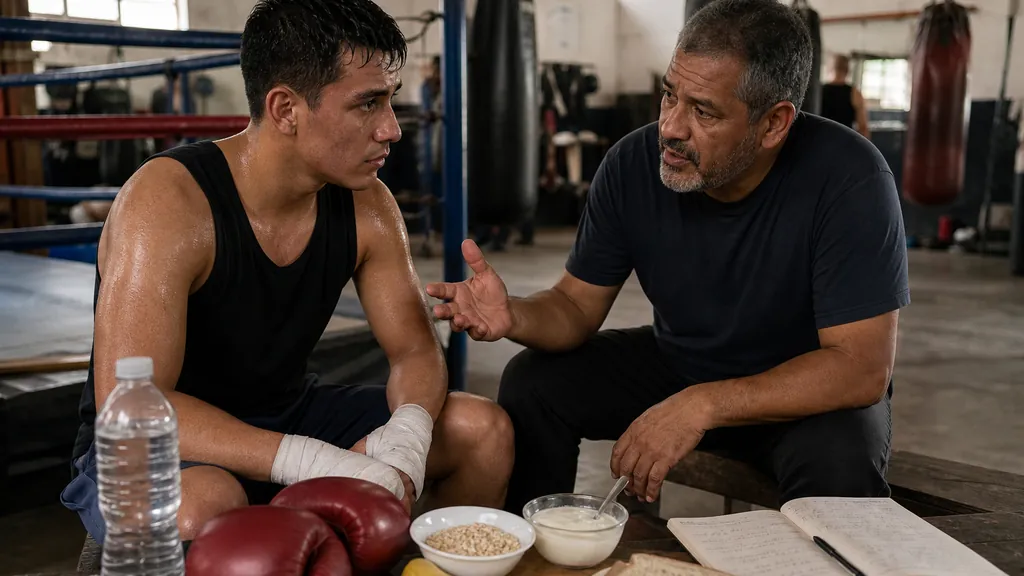 Boxer and coach discussing safe recovery with food and water after training