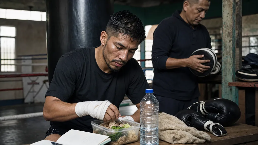 Boxer preparing a simple recovery meal and training log after bag work