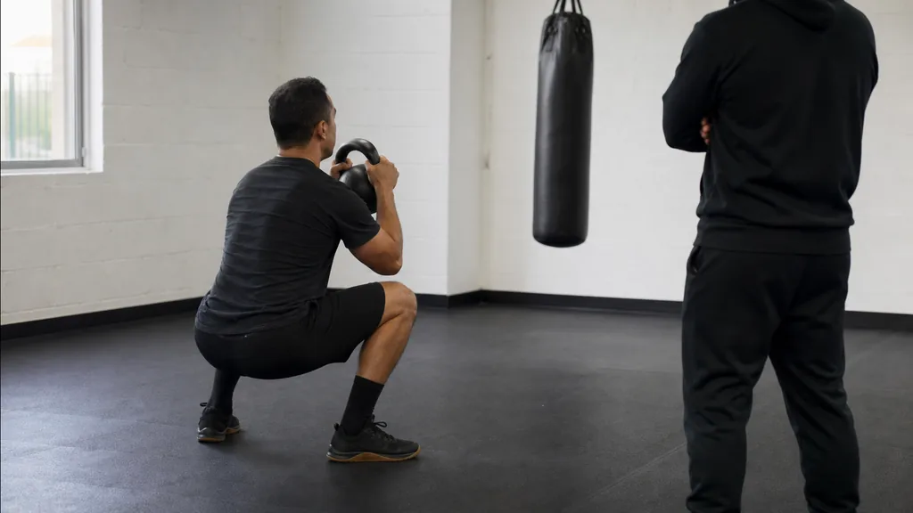 Adult recreational boxer completing a controlled kettlebell squat while a coach observes in a boxing gym