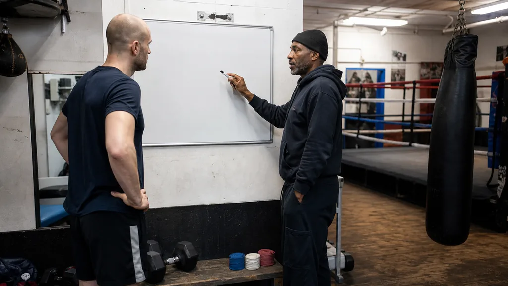 Coach and adult boxer reviewing a simple training plan beside hand wraps and dumbbells