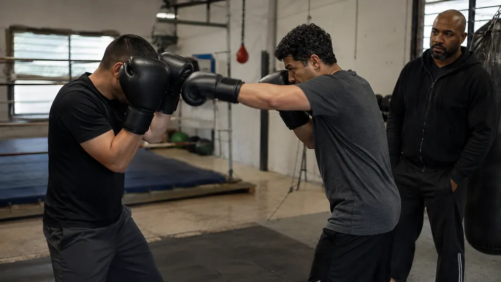 Two adult boxers working a slow light-jab and guarded reset drill under coach supervision