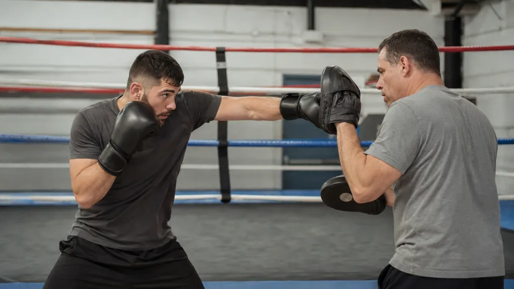 Adult boxer landing a crisp jab on focus mitts after a light setup touch, with the rear glove guarding the cheek