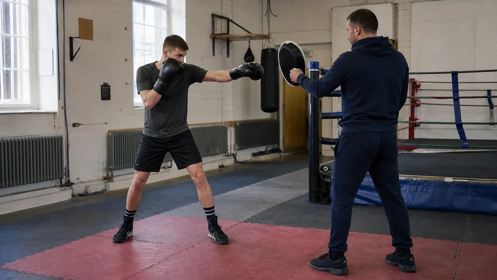 Adult boxer keeping a soft long guard while a coach presents one focus mitt at measured jab range