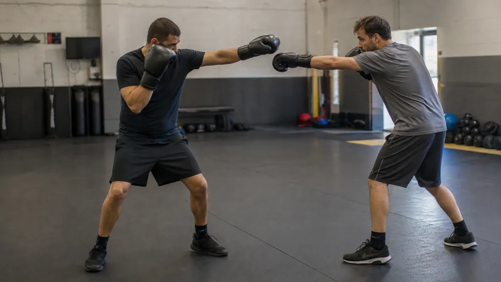 Two anonymous adult boxers using a controlled long-guard distance drill as a light jab falls short