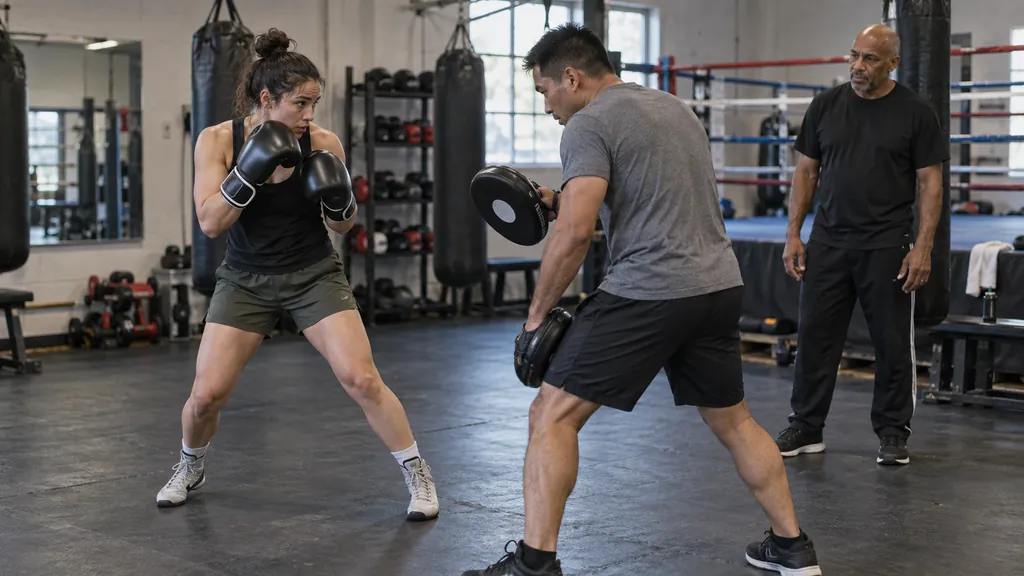 Anonymous adult boxer holding a balanced guard as a coach presents a low focus-mitt cue during a controlled community gym drill